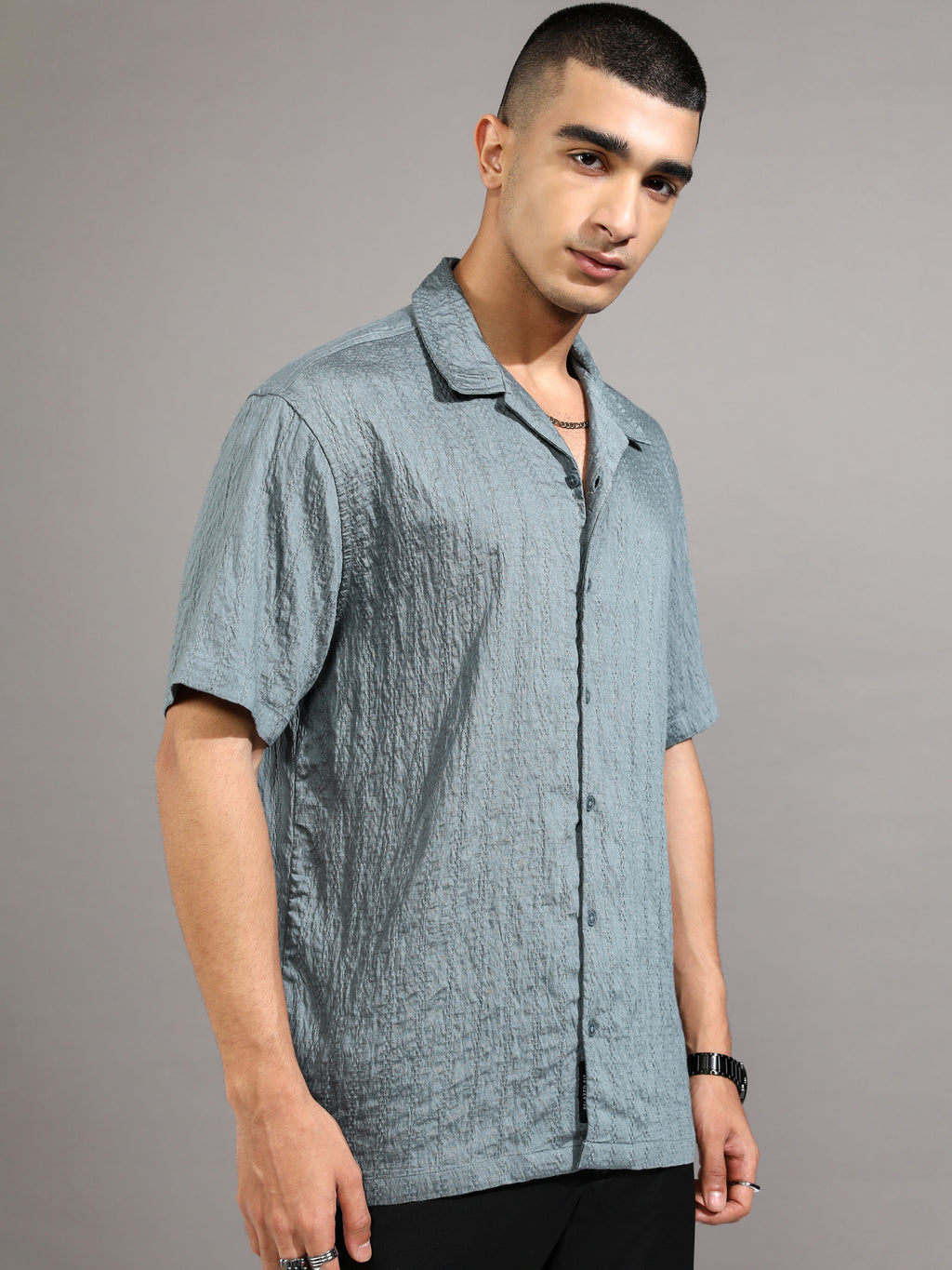 Highlander Men Blue Self Design Relaxed Fit Casual Shirt - Blue - Image 6