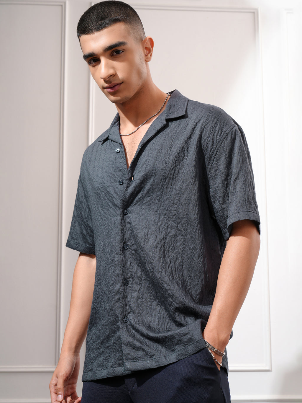 Highlander Men Blue Self Design Relaxed Fit Casual Shirt - Blue - Image 4