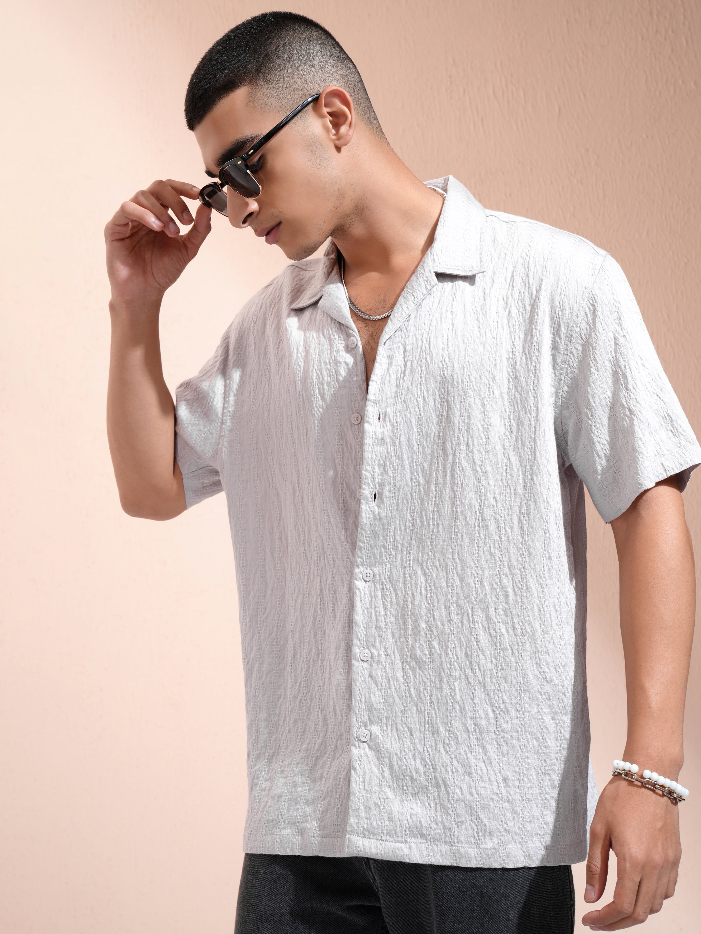Highlander Men Grey Self Design Relaxed Fit Casual Shirt - Grey - Image 4