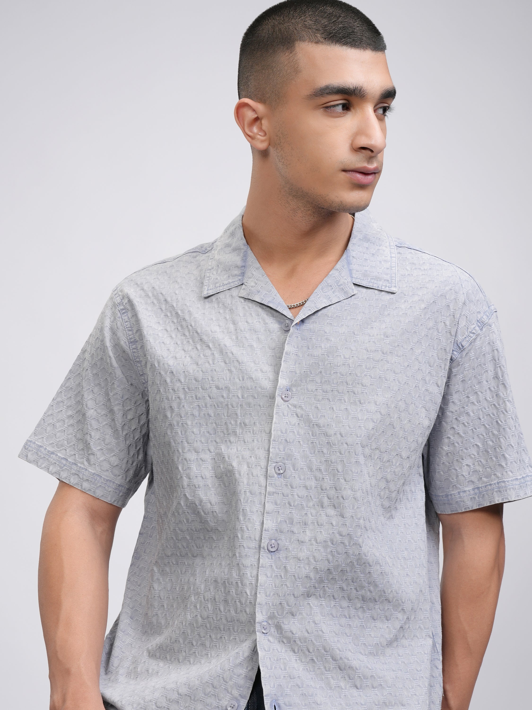 Highlander Men Grey Textured Relaxed Fit Casual Shirt - Grey - Image 1