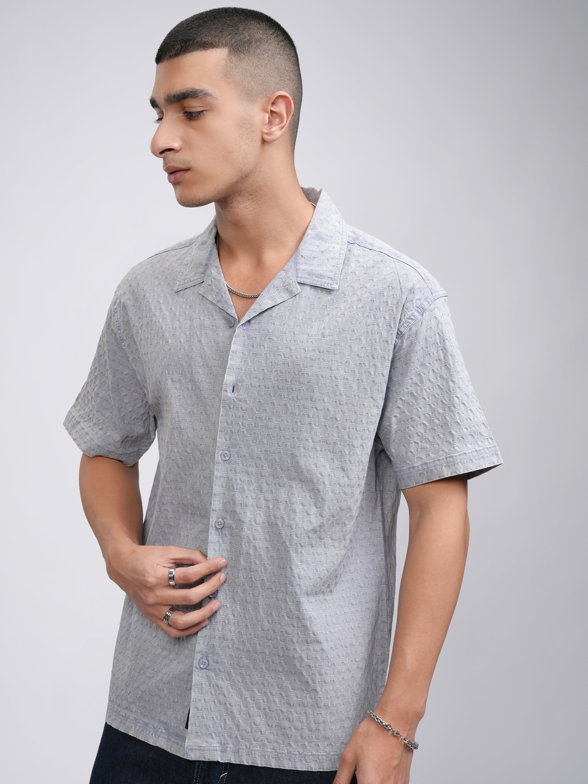 Highlander Men Grey Textured Relaxed Fit Casual Shirt - Grey - Image 4