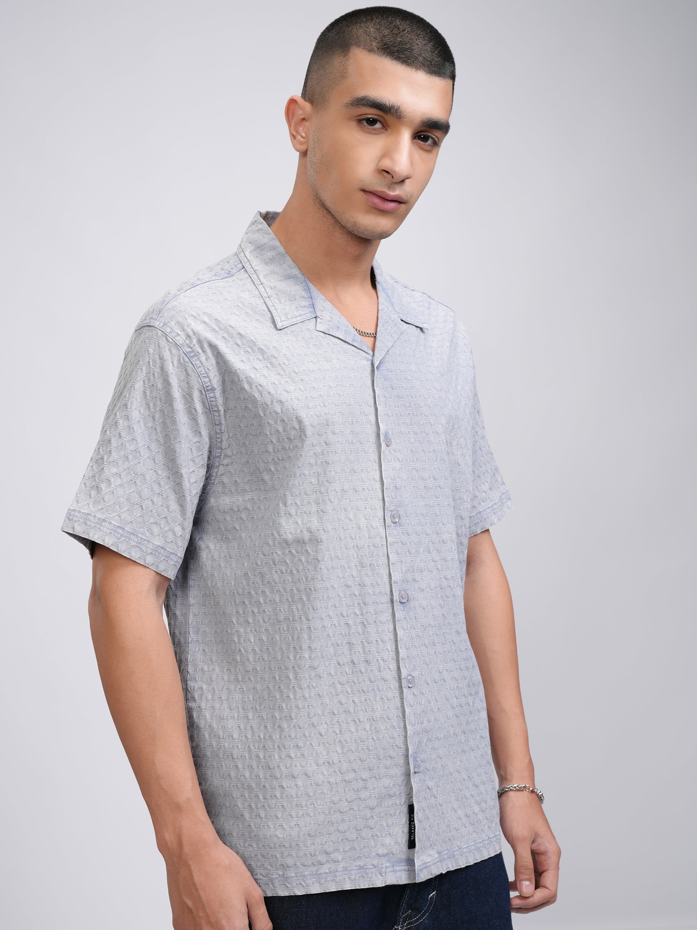 Highlander Men Grey Textured Relaxed Fit Casual Shirt - Grey - Image 6