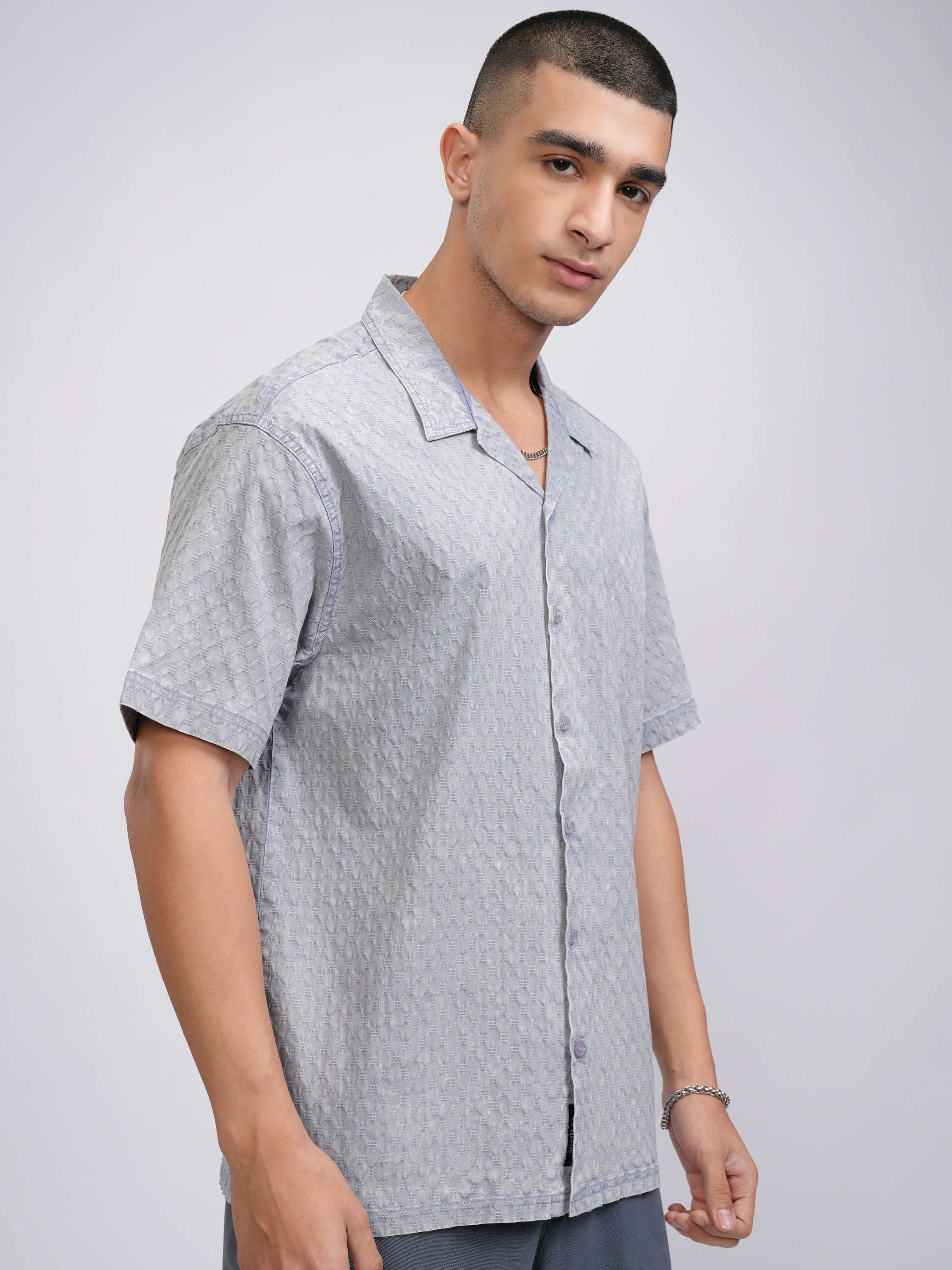 Highlander Men Blue Self Design Relaxed Fit Casual Shirt - Blue - Image 6
