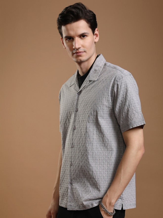 Highlander Men Grey Textured Relaxed Fit Casual Shirt - Grey - Image 4