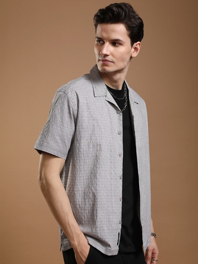 Highlander Men Grey Textured Relaxed Fit Casual Shirt - Grey - Image 6