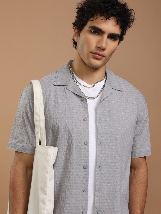 Highlander Men Grey Textured Relaxed Fit Casual Shirt - Grey - Image 1