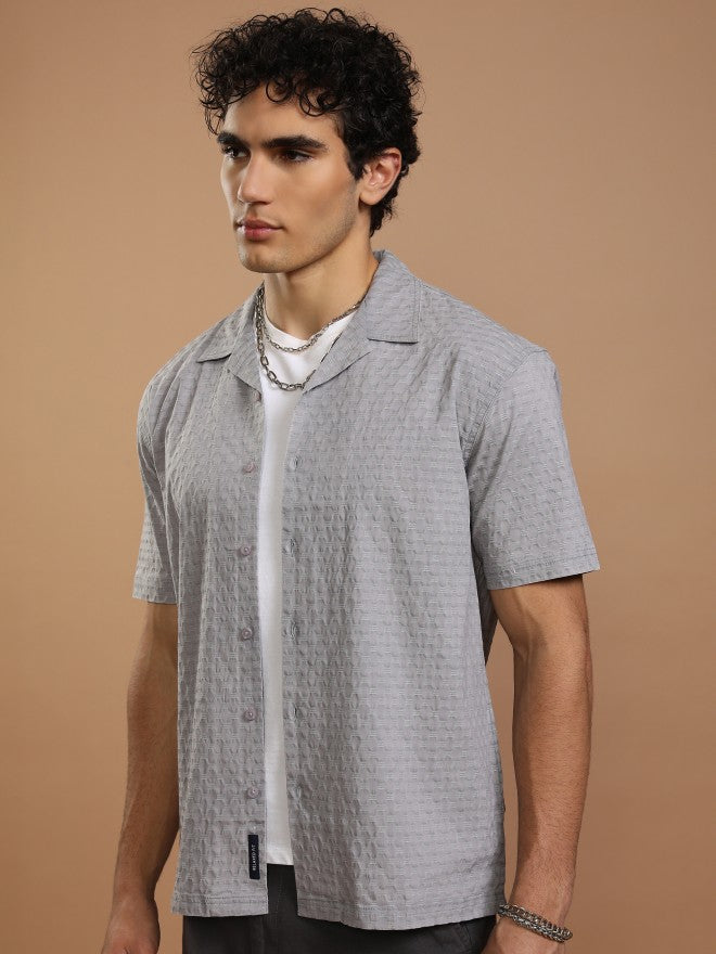 Highlander Men Grey Textured Relaxed Fit Casual Shirt - Grey - Image 4
