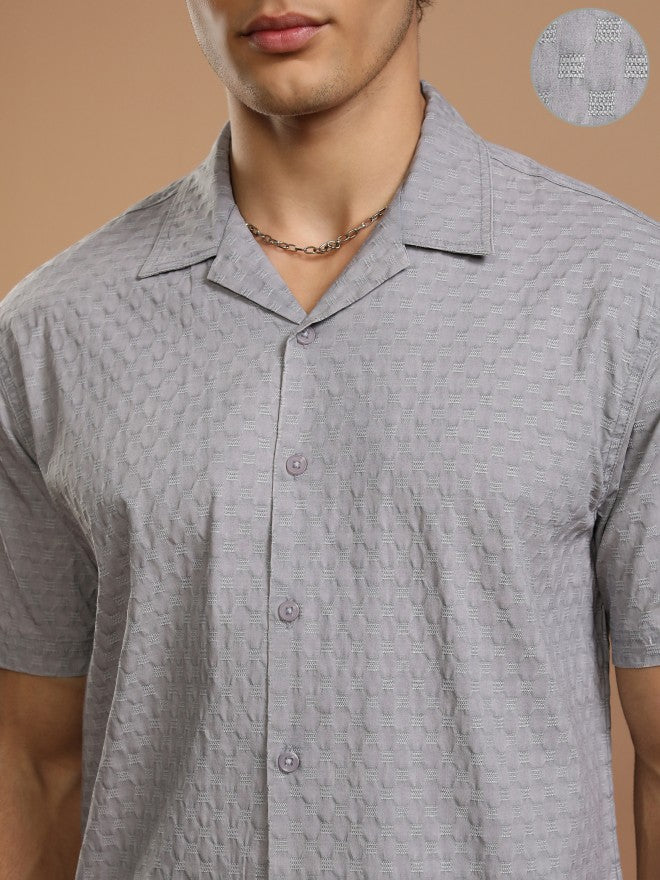 Highlander Men Grey Textured Relaxed Fit Casual Shirt - Grey - Image 5