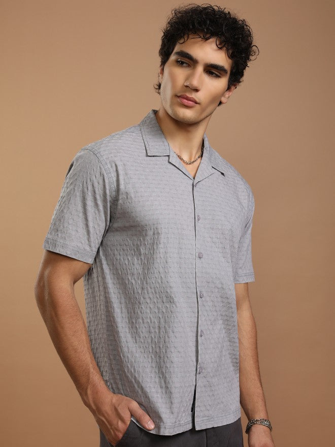Highlander Men Grey Textured Relaxed Fit Casual Shirt - Grey - Image 6