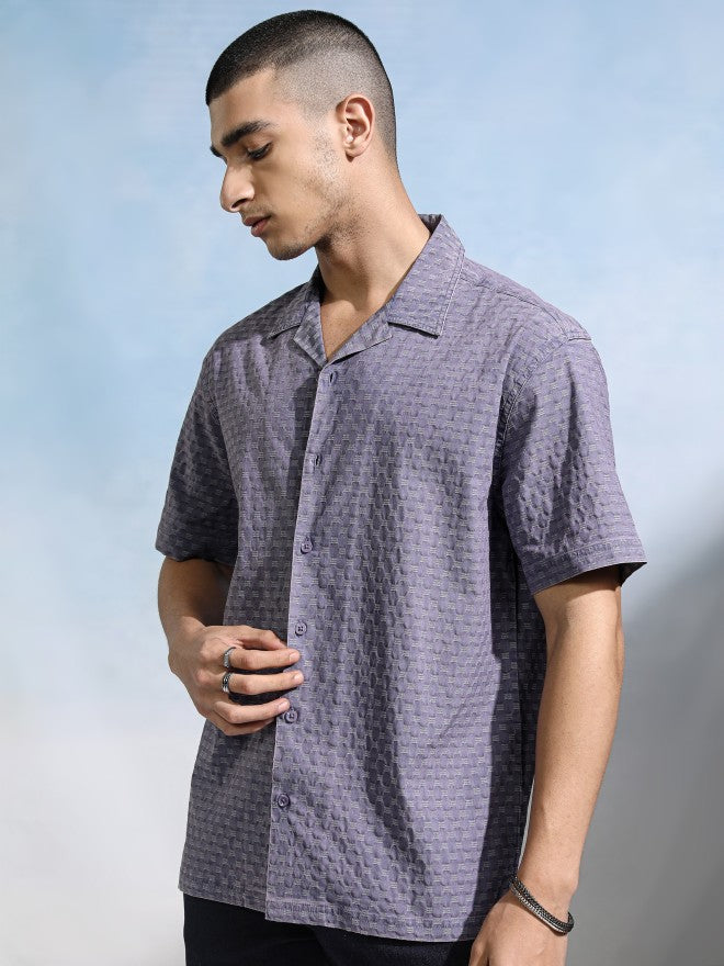 Highlander Men Blue Textured Relaxed Fit Casual Shirt - Blue - Image 4