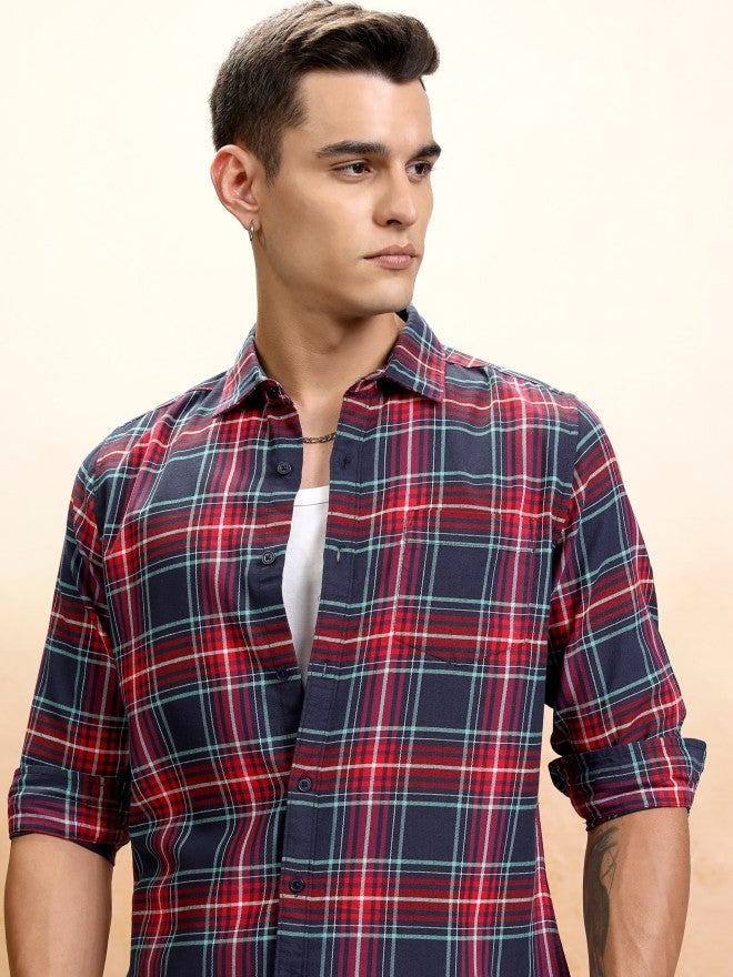 Highlander Men Navy Blue Checked Regular Fit Casual Shirt - Navy Blue - Image 1