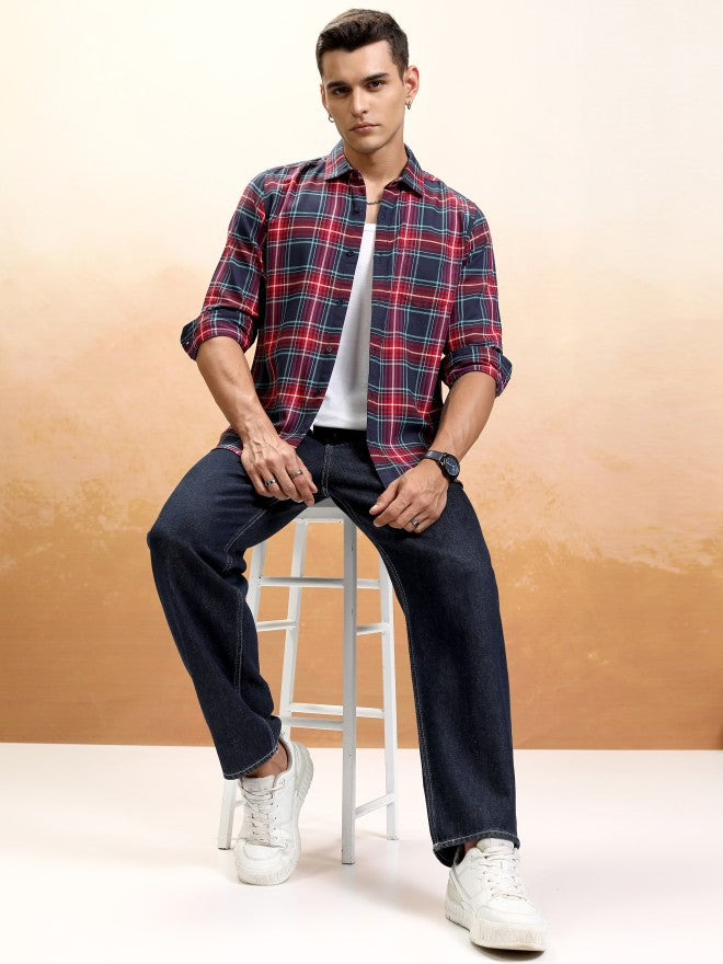 Highlander Men Navy Blue Checked Regular Fit Casual Shirt - Navy Blue - Image 2