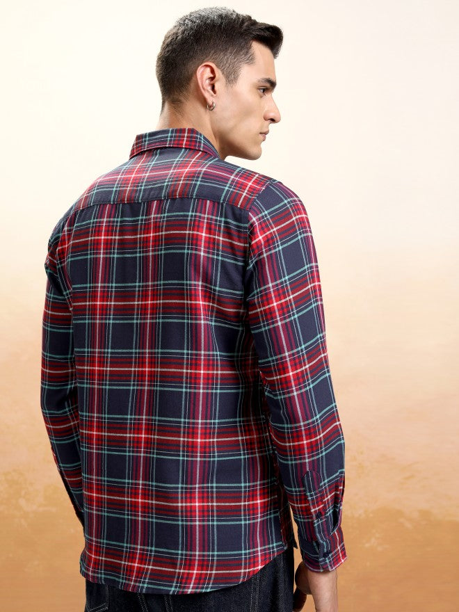 Highlander Men Navy Blue Checked Regular Fit Casual Shirt - Navy Blue - Image 3