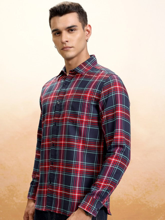 Highlander Men Navy Blue Checked Regular Fit Casual Shirt - Navy Blue - Image 4