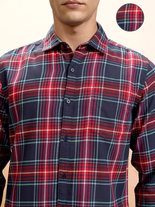 Highlander Men Navy Blue Checked Regular Fit Casual Shirt - Navy Blue - Image 5