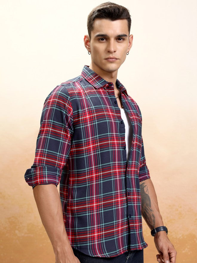 Highlander Men Navy Blue Checked Regular Fit Casual Shirt - Navy Blue - Image 6