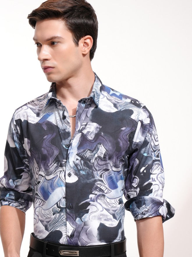 Highlander Men Blue Printed Slim Fit Casual Shirt - Blue - Image 1