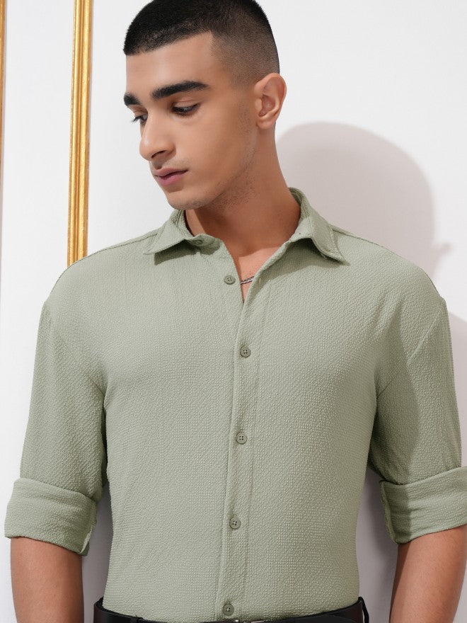 Highlander Men Olive Textured Relaxed Fit Casual Shirt - Olive - Image 1