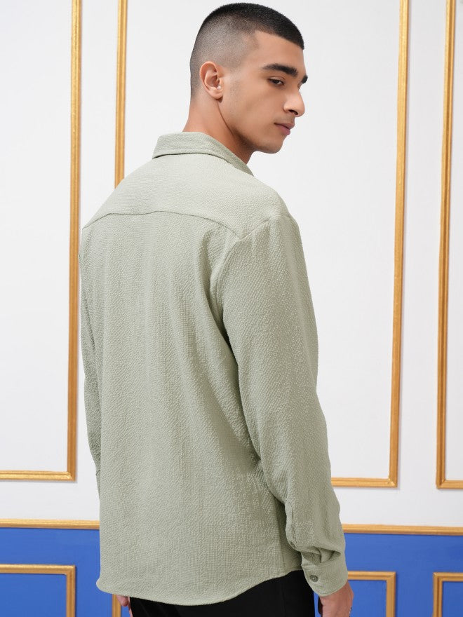 Highlander Men Olive Textured Relaxed Fit Casual Shirt - Olive - Image 3