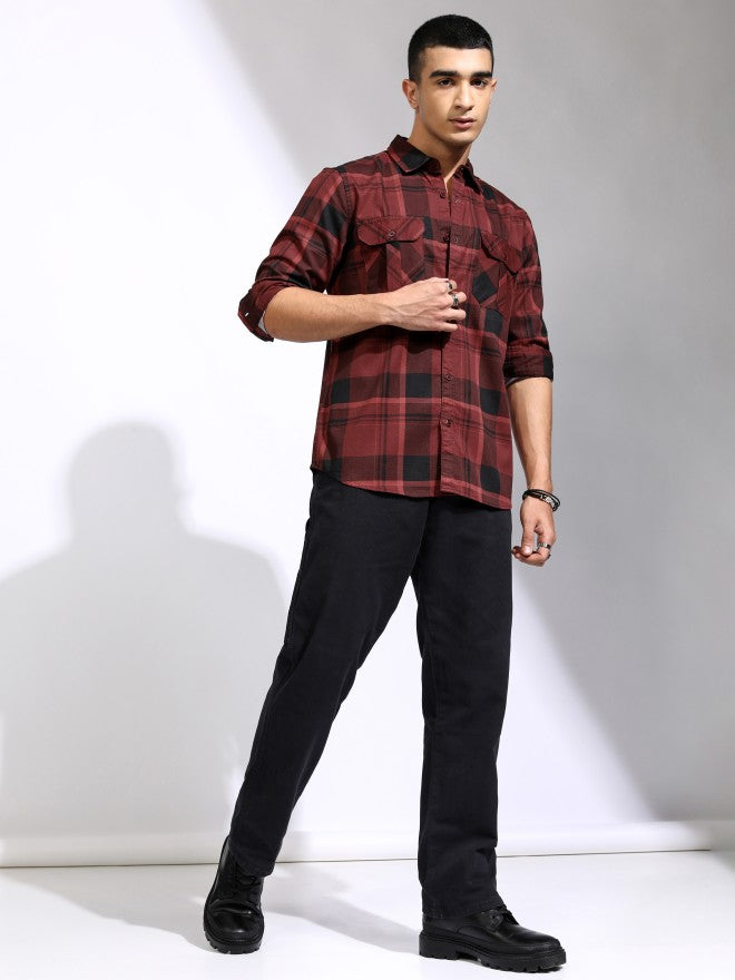 Highlander Men Maroon Checked Regular Fit Casual Shirt - Maroon - Image 2