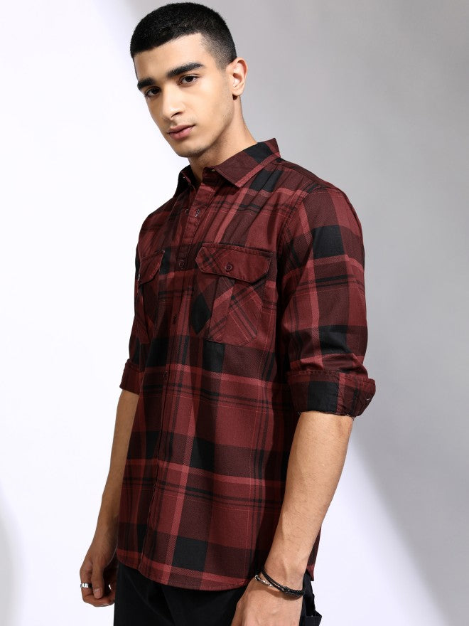 Highlander Men Maroon Checked Regular Fit Casual Shirt - Maroon - Image 4