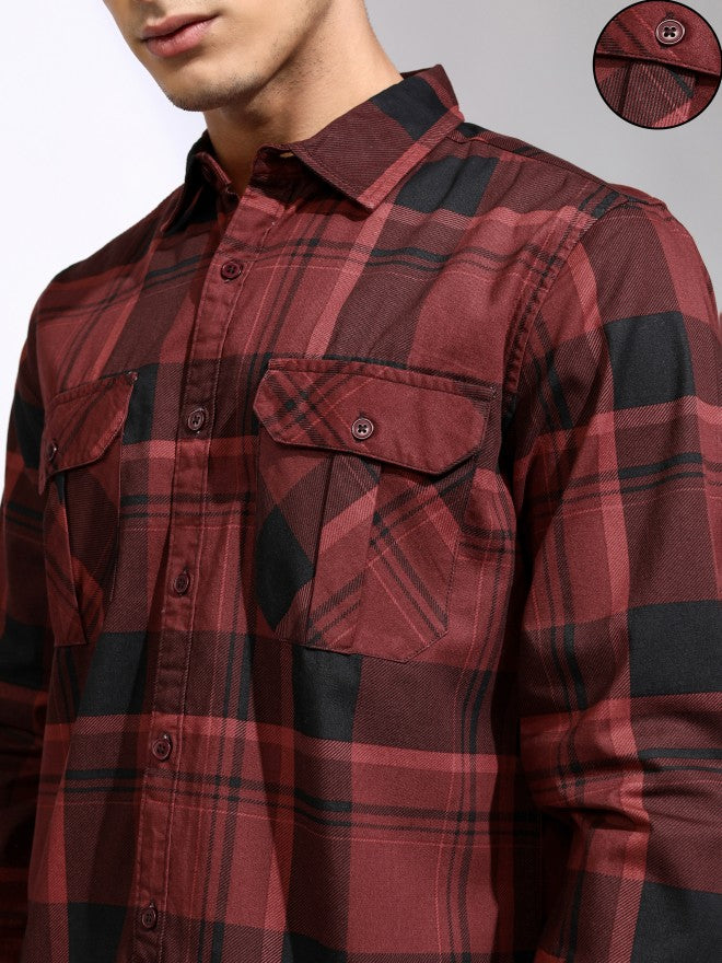 Highlander Men Maroon Checked Regular Fit Casual Shirt - Maroon - Image 5