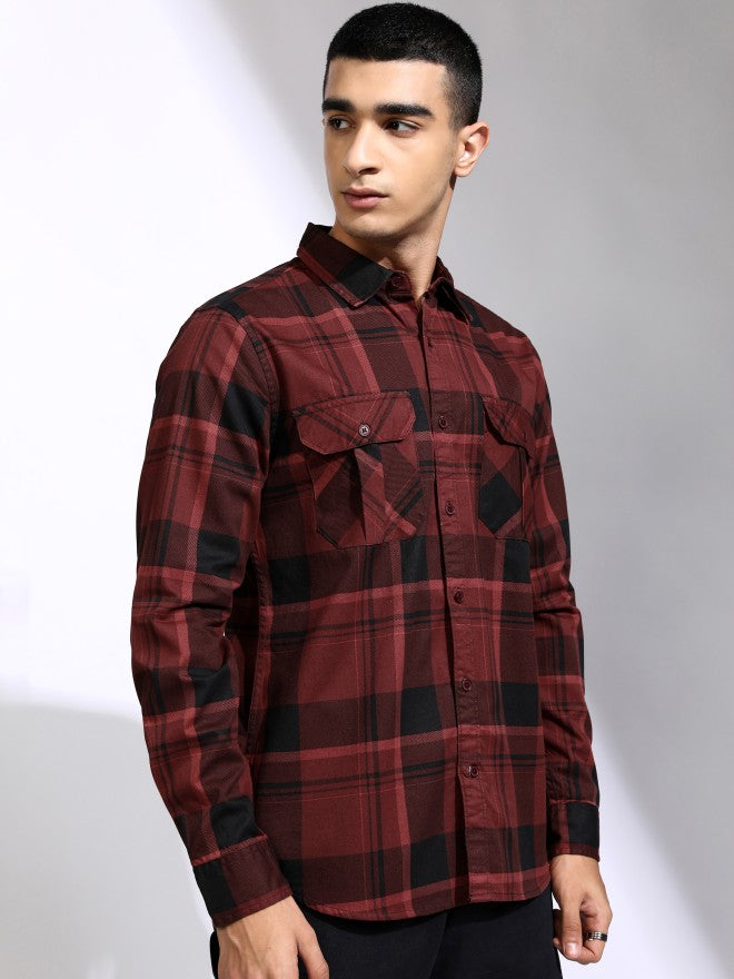 Highlander Men Maroon Checked Regular Fit Casual Shirt - Maroon - Image 6