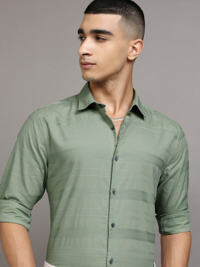 Highlander Men Green Striped Relaxed Fit Casual Shirt - Green - Image 1
