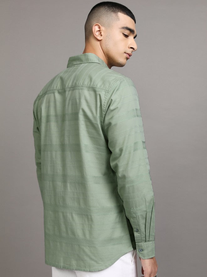 Highlander Men Green Striped Relaxed Fit Casual Shirt - Green - Image 3