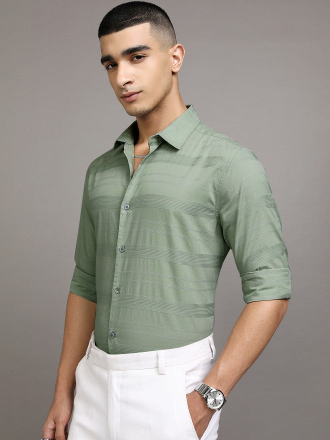 Highlander Men Green Striped Relaxed Fit Casual Shirt - Green - Image 4