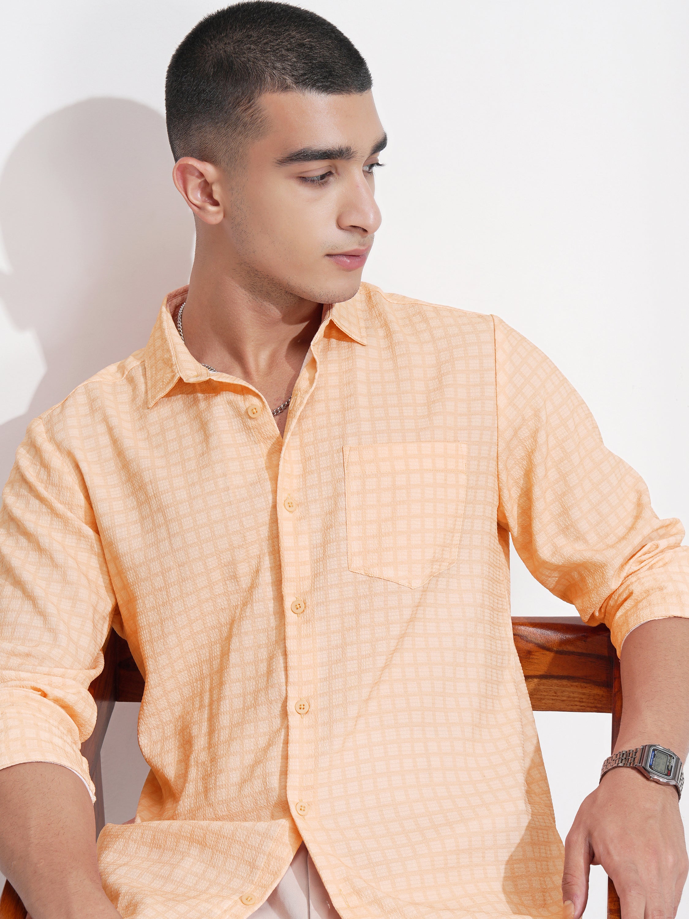 Highlander Men Orange Checked Regular Fit Casual Shirt - Orange - Image 1