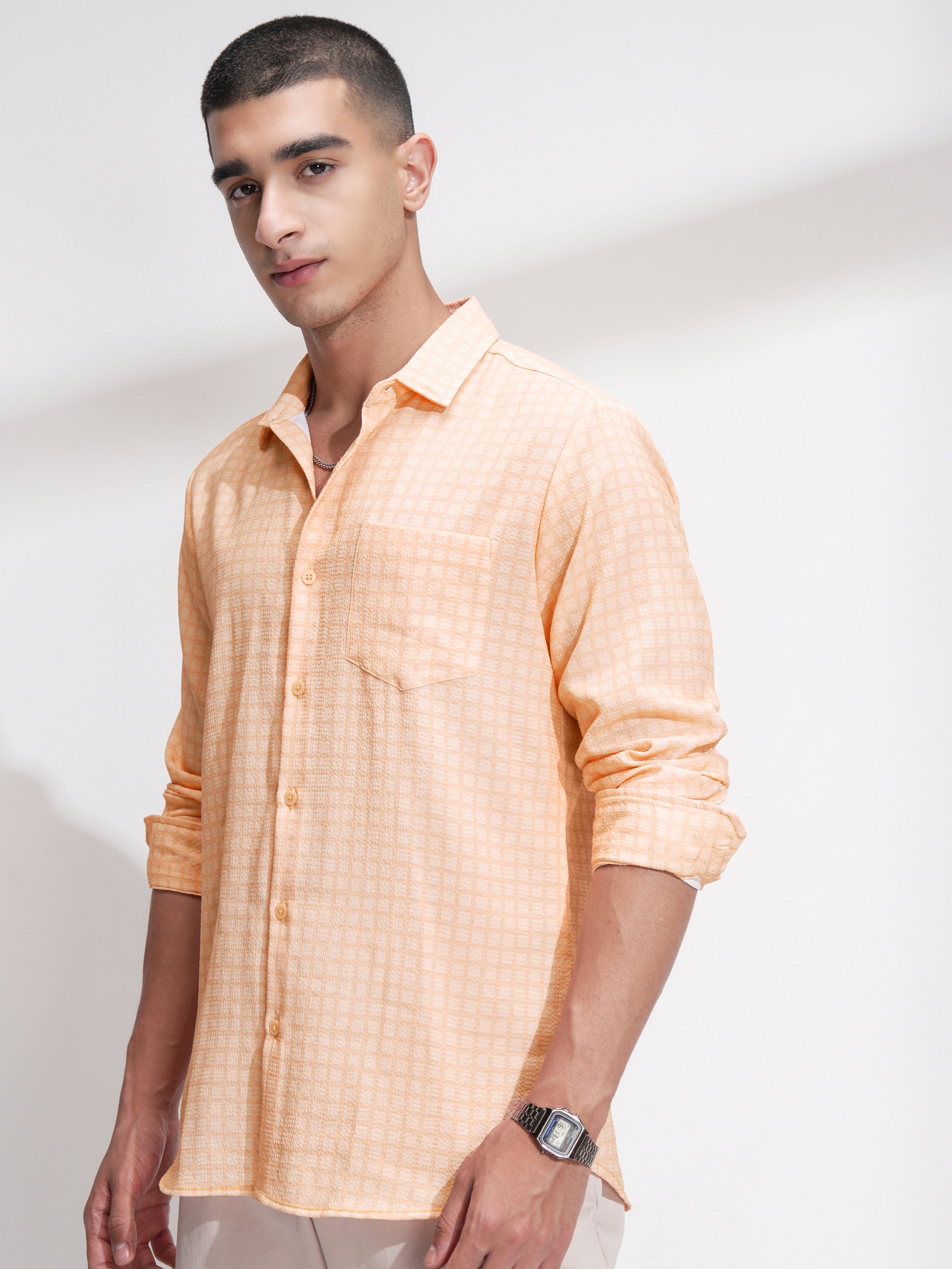 Highlander Men Orange Checked Regular Fit Casual Shirt - Orange - Image 4