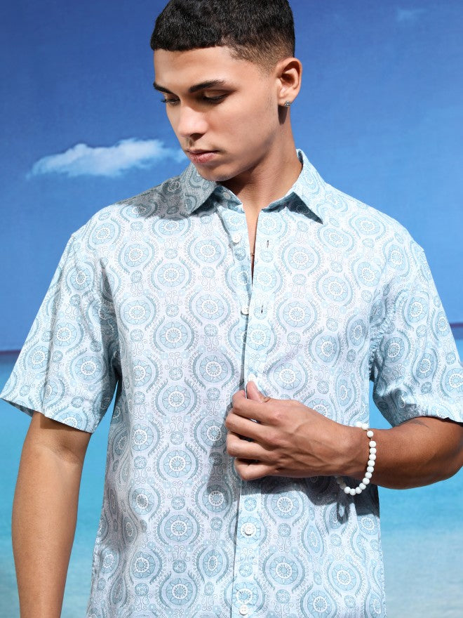 Highlander Men Blue Printed Relaxed Fit Casual Shirt - Blue - Image 1