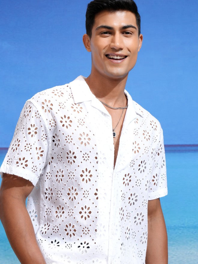 Highlander Men White Textured Relaxed Fit Casual Shirts - White - Image 1