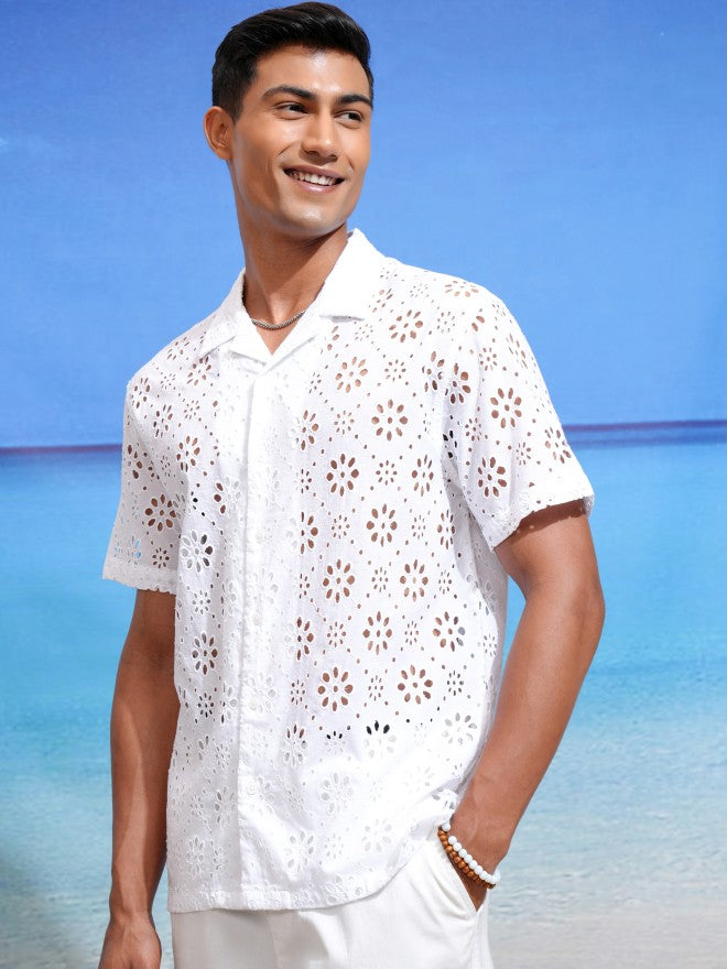 Highlander Men White Textured Relaxed Fit Casual Shirts - White - Image 4