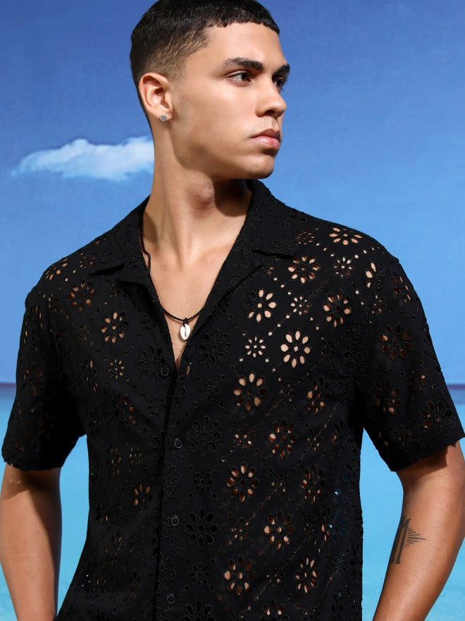 Highlander Men Black Self Design Relaxed Fit Casual Shirt - Black - Image 1