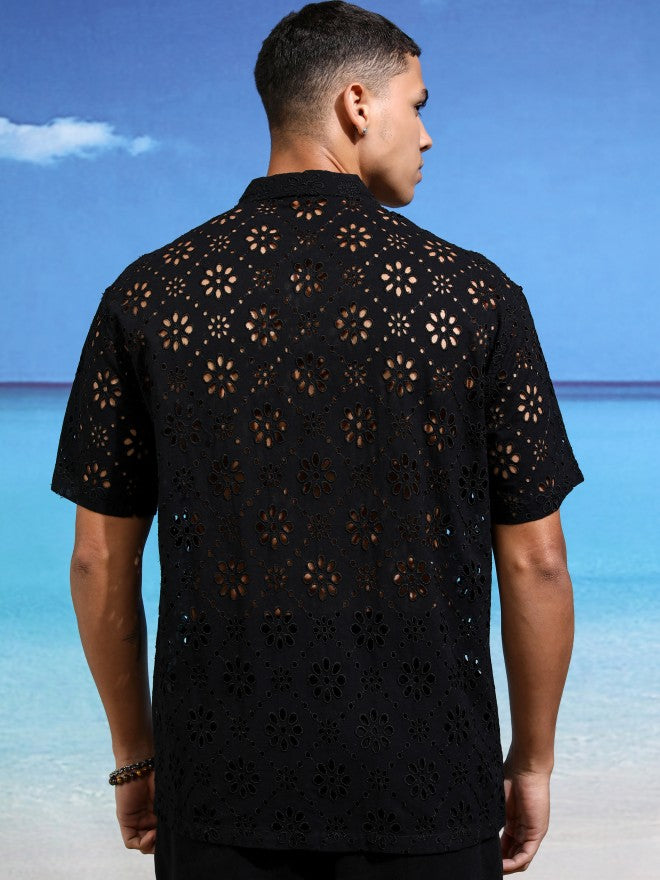 Highlander Men Black Self Design Relaxed Fit Casual Shirt - Black - Image 3