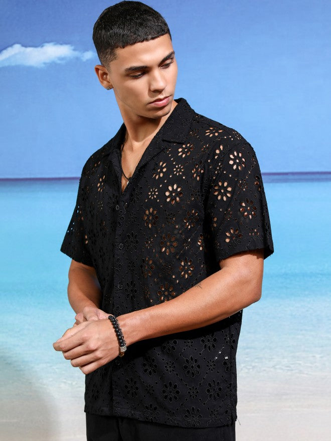 Highlander Men Black Self Design Relaxed Fit Casual Shirt - Black - Image 4