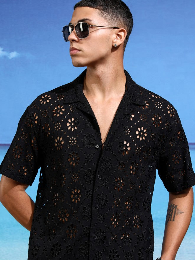 Highlander Men Black Self Design Relaxed Fit Casual Shirt - Black - Image 1