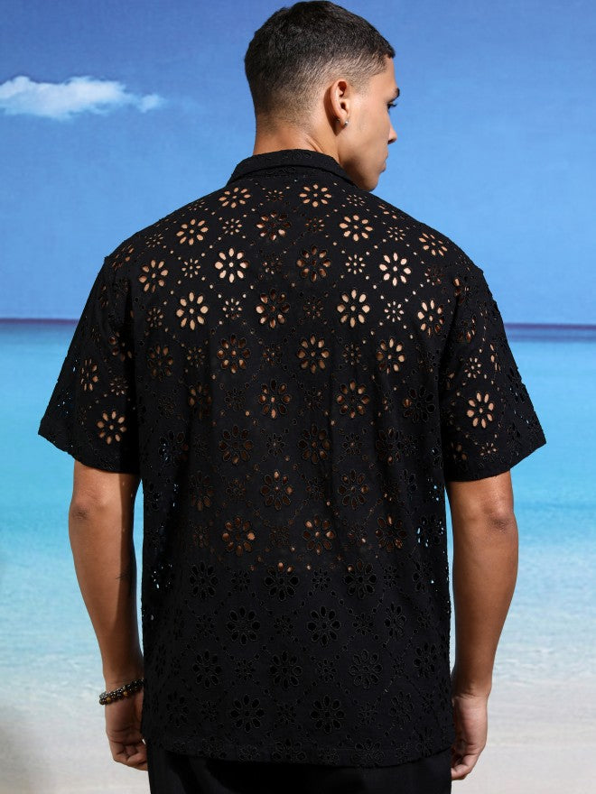 Highlander Men Black Self Design Relaxed Fit Casual Shirt - Black - Image 3