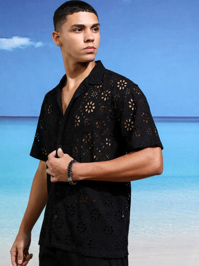 Highlander Men Black Self Design Relaxed Fit Casual Shirt - Black - Image 4