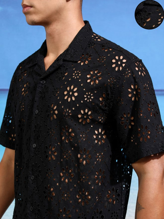 Highlander Men Black Self Design Relaxed Fit Casual Shirt - Black - Image 5