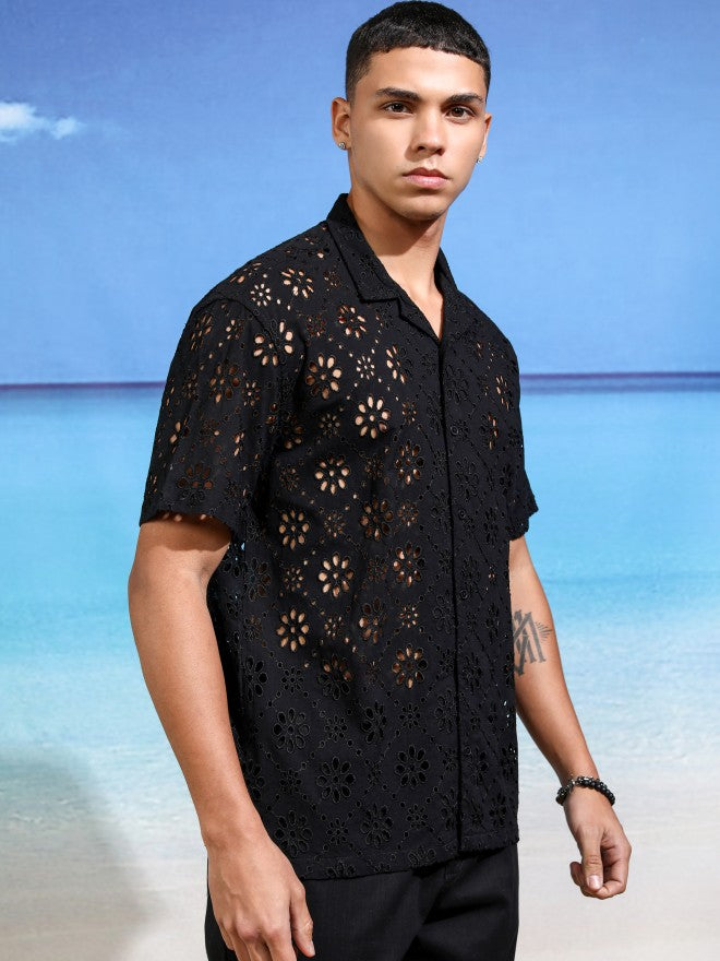 Highlander Men Black Self Design Relaxed Fit Casual Shirt - Black - Image 6
