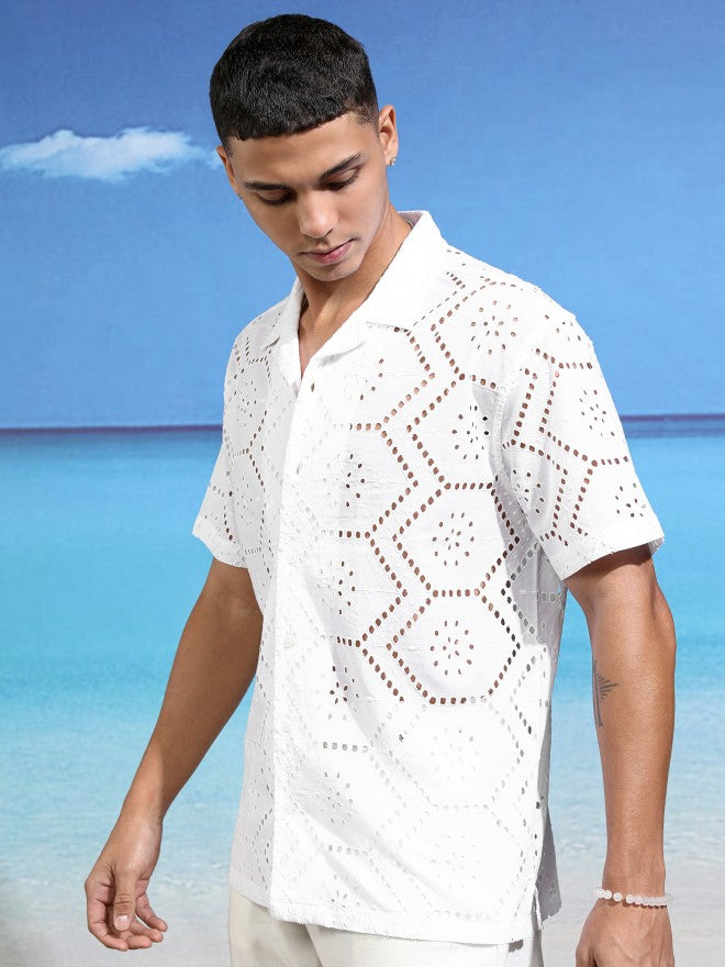 Highlander Men White Textured Relaxed Fit Casual Shirt - White - Image 4