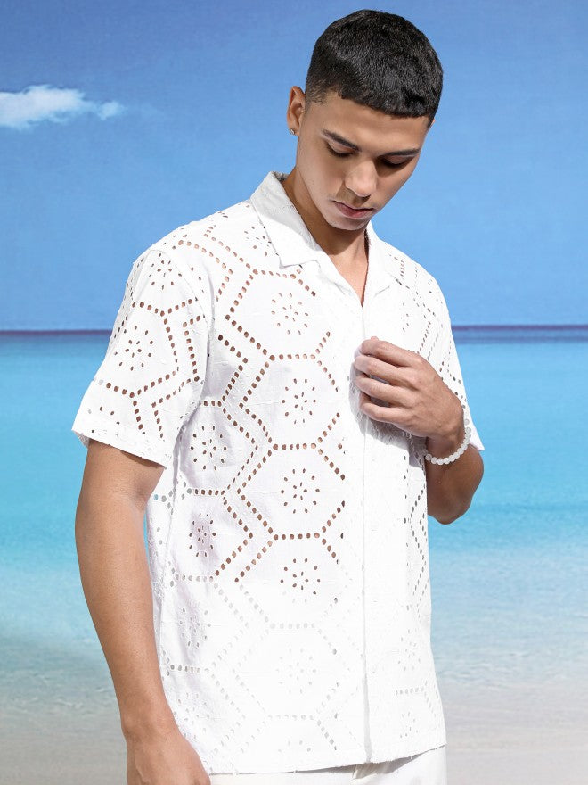 Highlander Men White Textured Relaxed Fit Casual Shirt - White - Image 6
