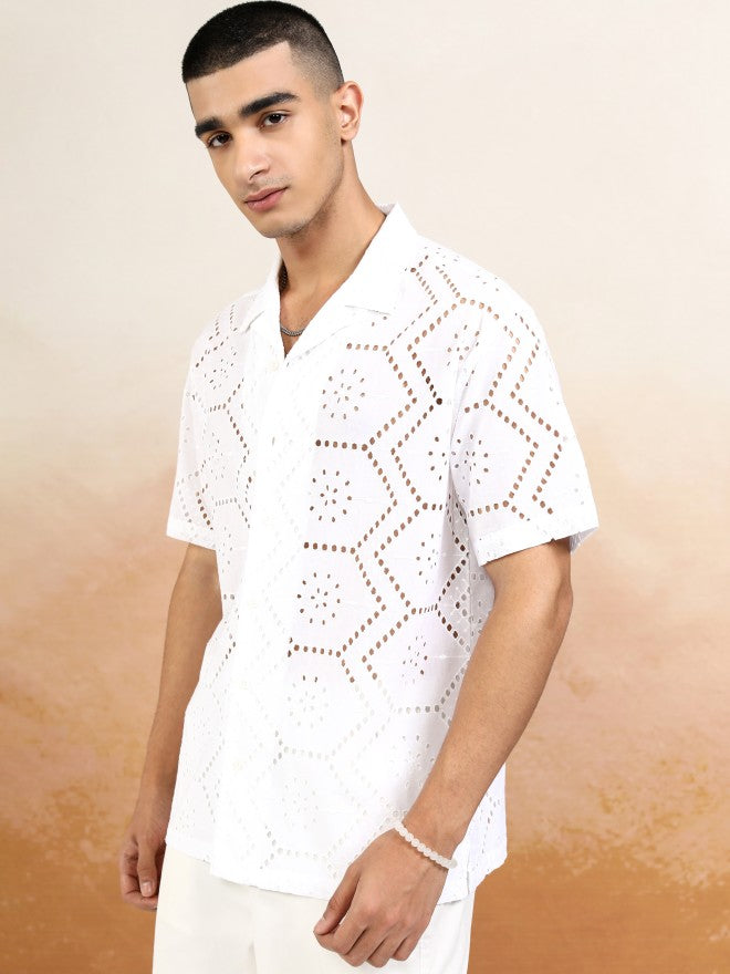 Highlander Men White Textured Relaxed Fit Casual Shirt - White - Image 4
