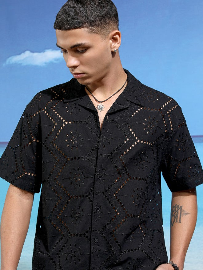 Highlander Men Black Textured Relaxed Fit Casual Shirt - Black - Image 1