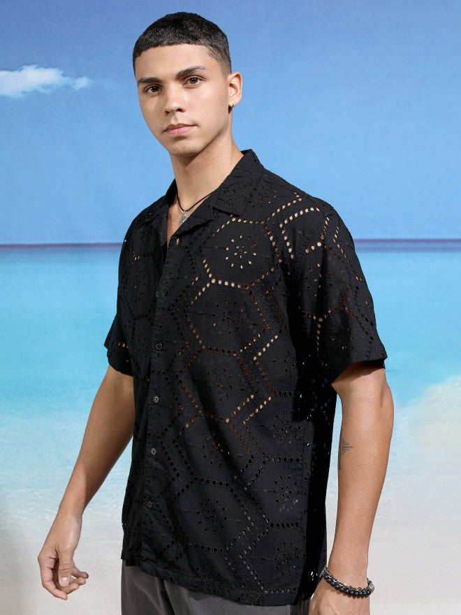 Highlander Men Black Textured Relaxed Fit Casual Shirt - Black - Image 4