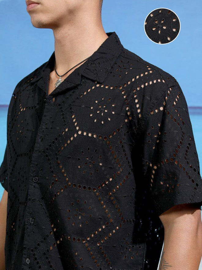Highlander Men Black Textured Relaxed Fit Casual Shirt - Black - Image 5