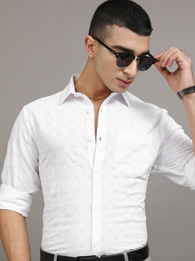 Highlander Men White Textured Regular Fit Casual Shirt - White - Image 1